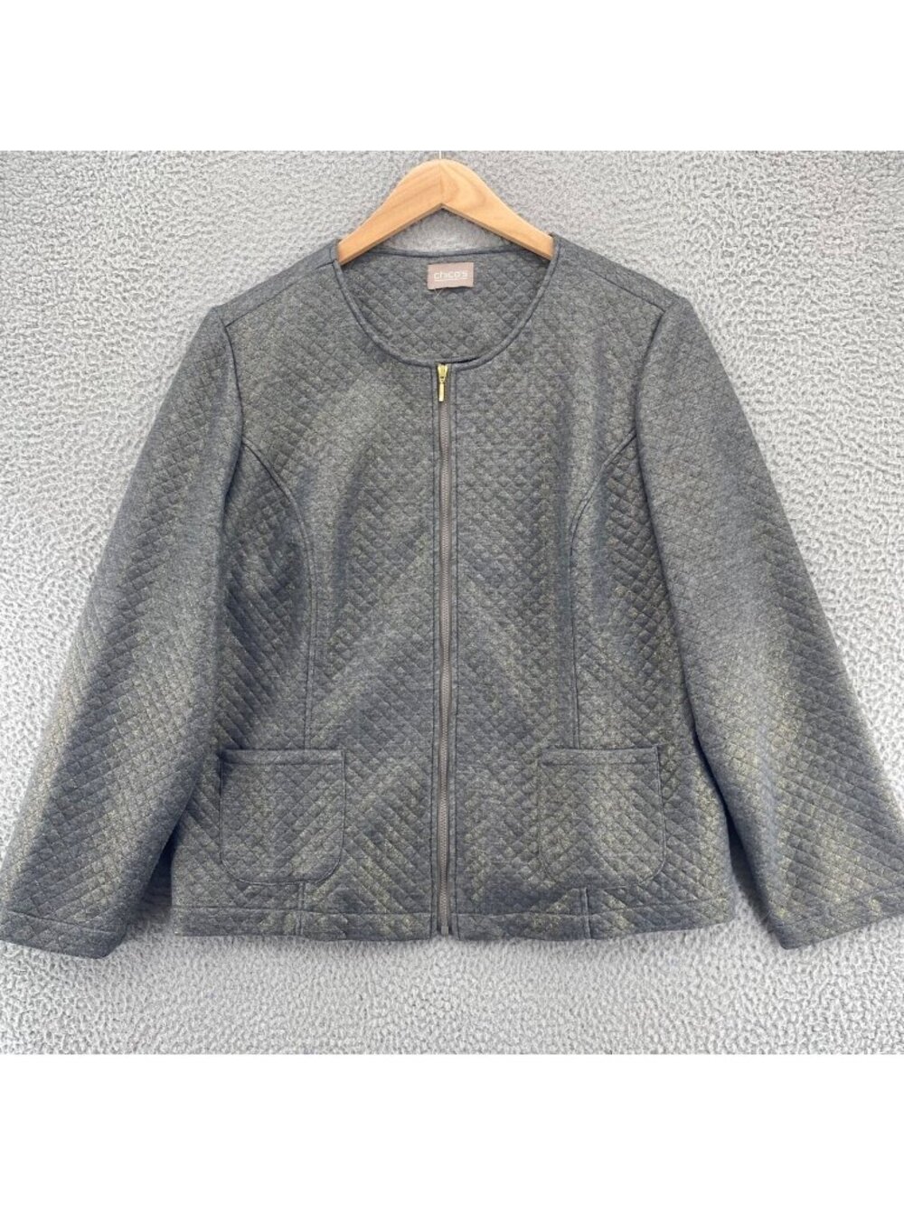 Chicos Jacket Womens 3 US Extra Large Gray Gold Shimmer Quilted Stretch Pockets